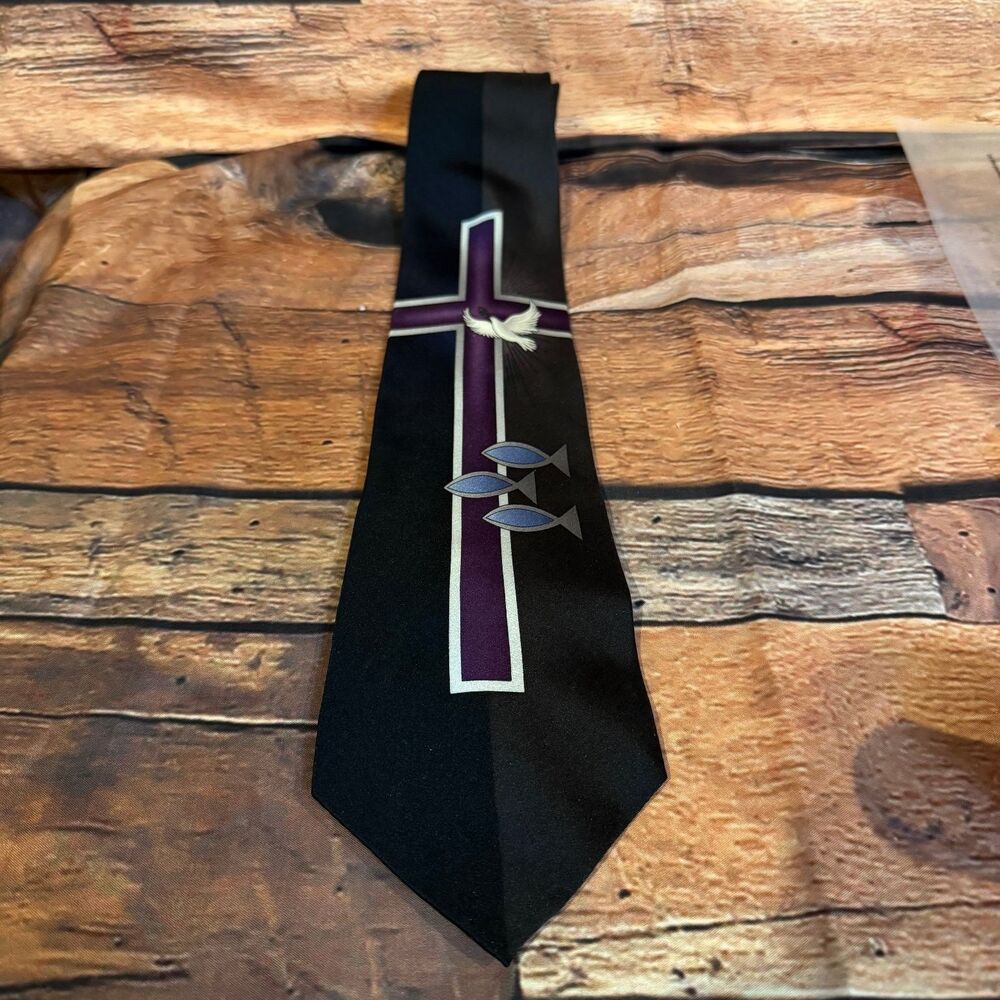 Inspirations Men's Tie Black Purple Silk Christian Cross Dove Fish Classic